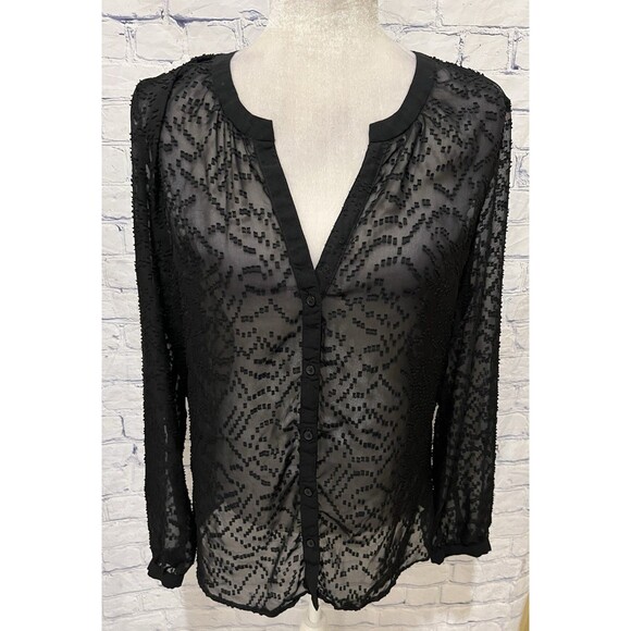 BANANA REPUBLIC Black Sheer V-neck Career Blouse Button Down Size Medium - Picture 1 of 6